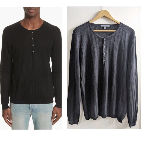 John Varvatos Collection | Ribbed Linen Henley in Black - Picture 1 of 11